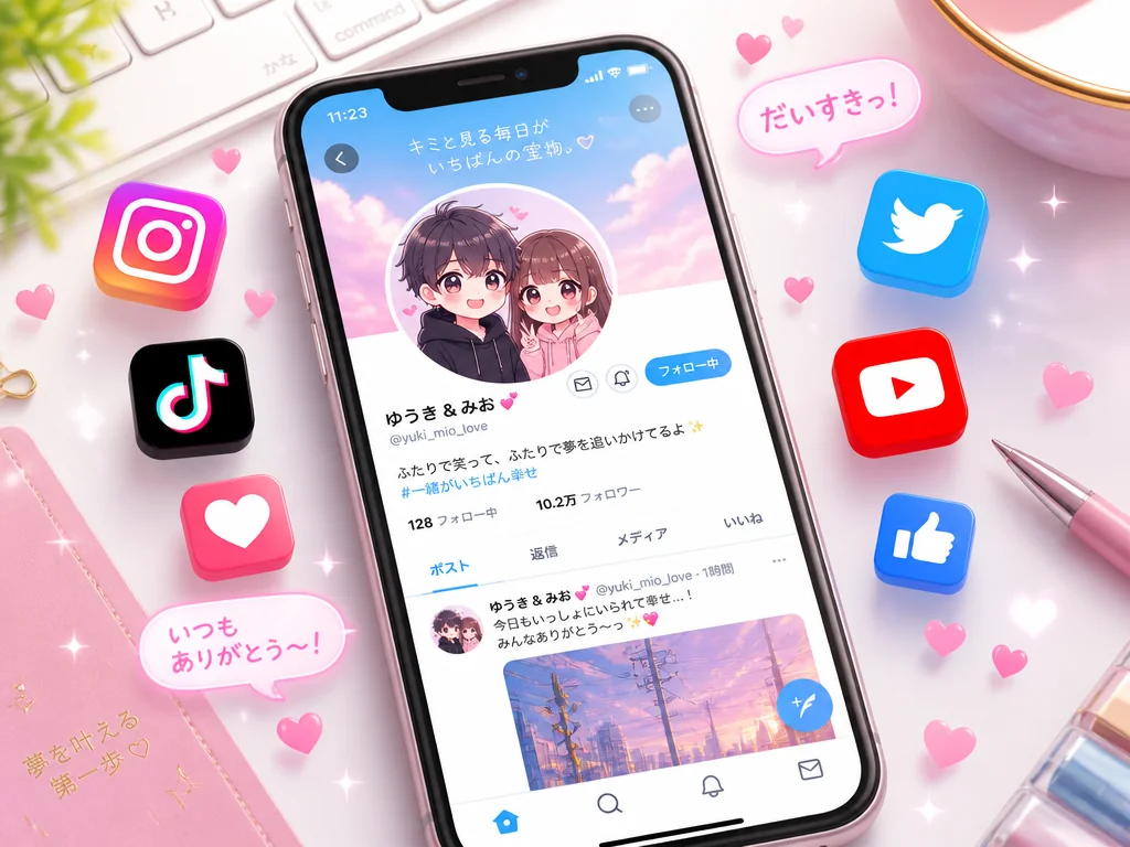 A smartphone showing a social media profile with a cute anime couple avatar icon