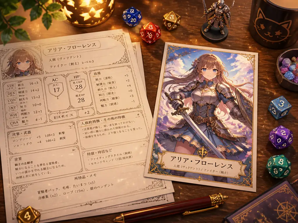 A tabletop RPG scene with dice, a character sheet, and a fantasy character card on a wooden table