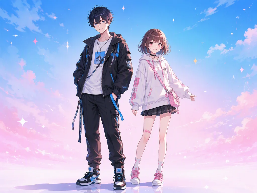 A handsome male anime character and a cute female anime character standing side by side as full-body illustrations