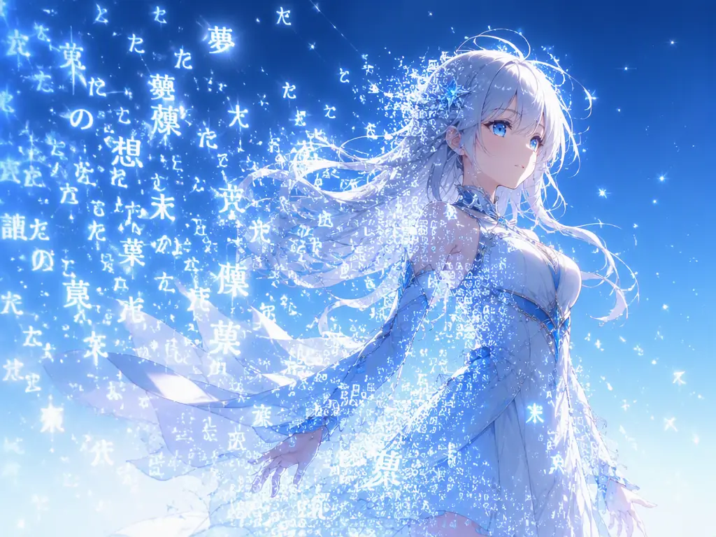 An anime girl character with silver hair being born from glowing Japanese text and light particles