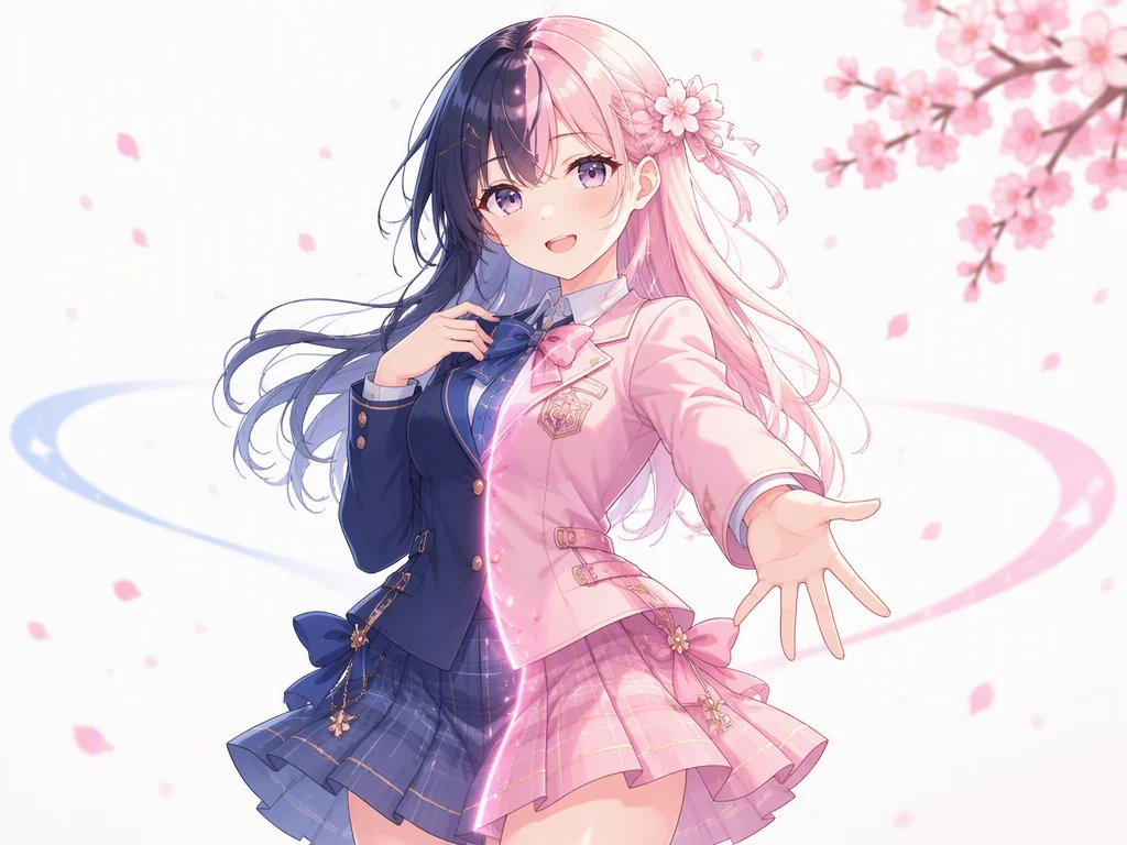 Anime-style character whose outfit is recolored with the left half in the original navy and the right half in sakura pink