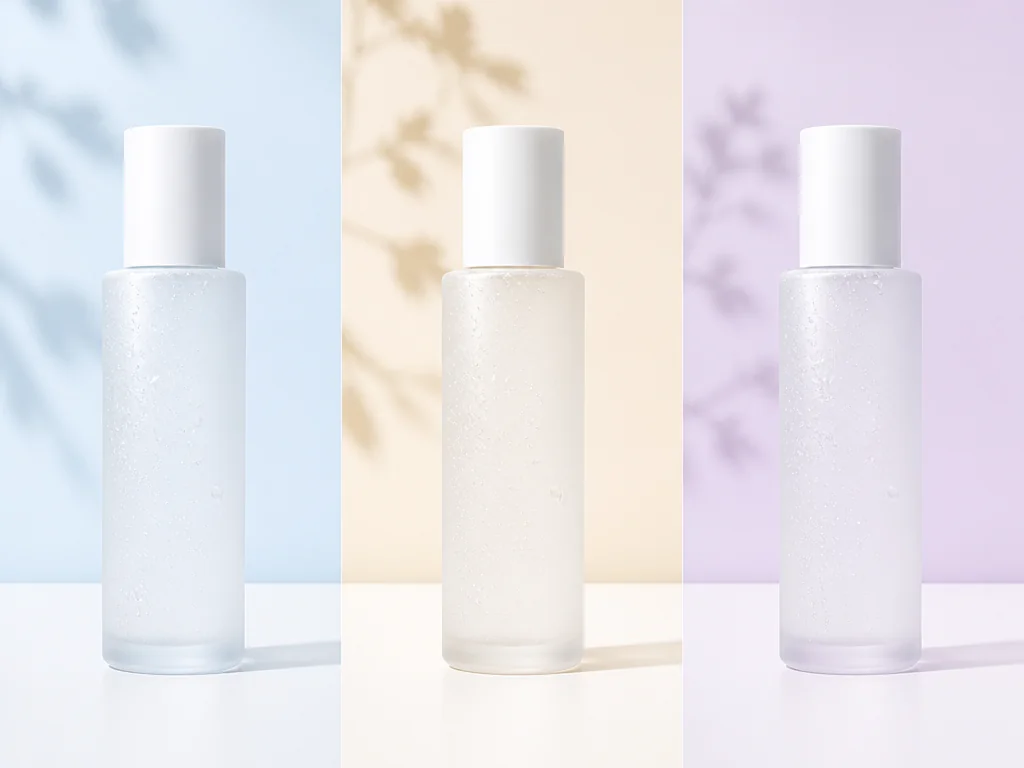 The same skincare bottle shown against three different background colors, laying out a range of color options for a product photo