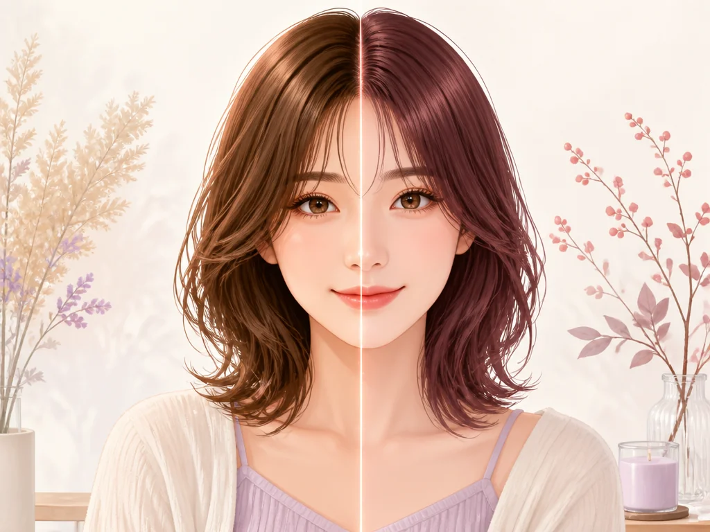 Woman with her hair recolored so the left half stays chestnut brown and the right half turns berry brown, comparing two hair color options