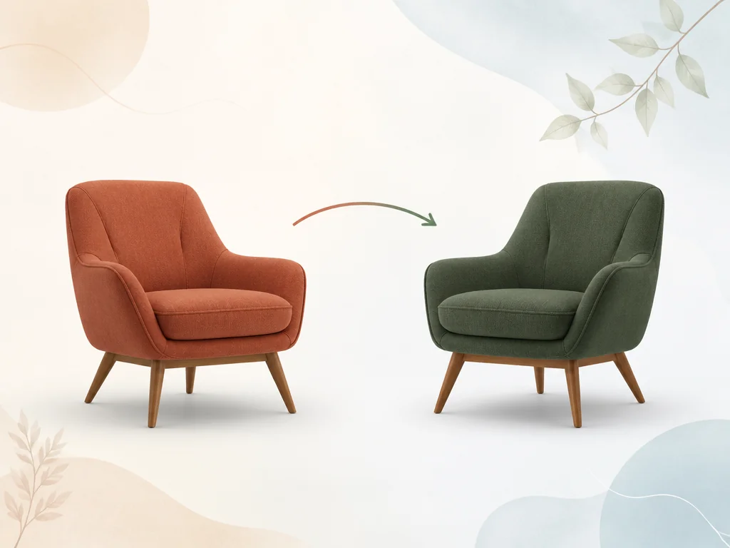 Before and after comparison of the same armchair recolored from terracotta orange to deep forest green, with the wooden legs left unchanged