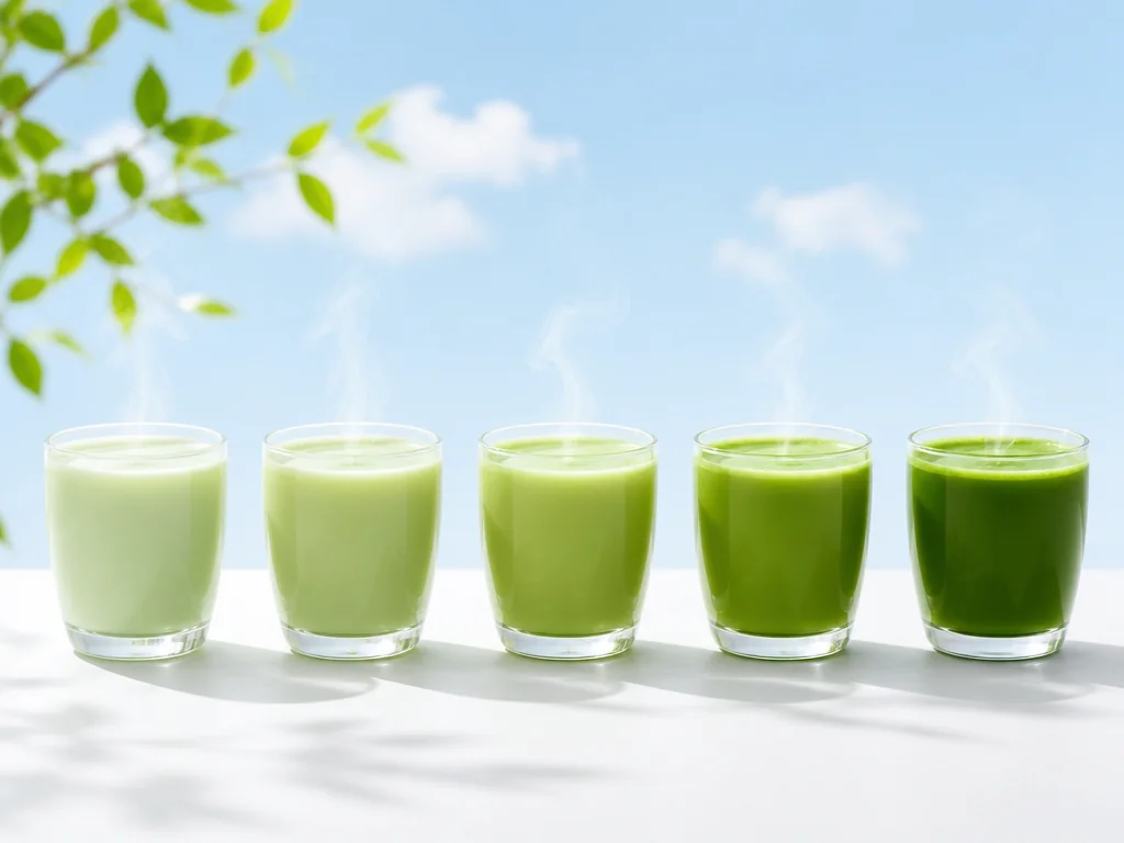 Five identical glasses of matcha latte lined up in progressively deeper shades of green, showing a continuous hue and saturation adjustment