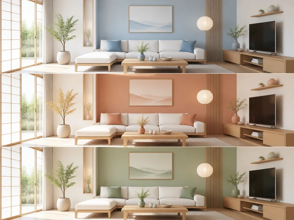 The same living room shown in three stacked color schemes, demonstrating one palette rolled out consistently