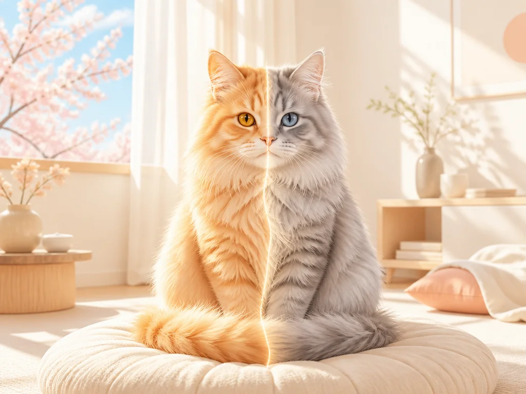 Cat with its fur recolored so the left half keeps the original orange and the right half turns silver, with a smooth edge between them