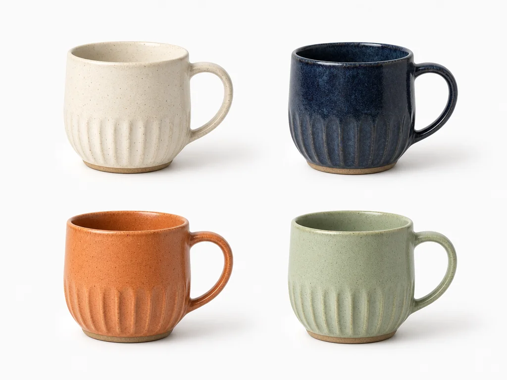 The same handmade ceramic mug arranged in a 2x2 grid in four different glaze colors, showing a replacement to a chosen color