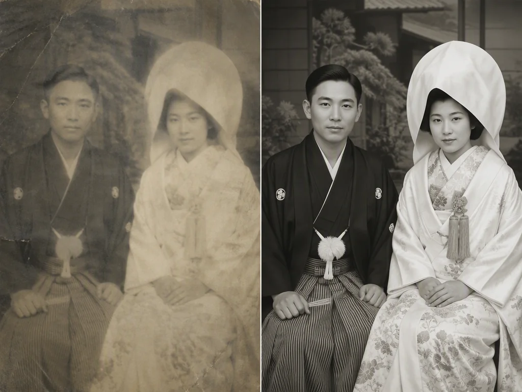 1950年代の結婚写真の着物の細かな模様までAIが高精細に復元するビフォーアフター