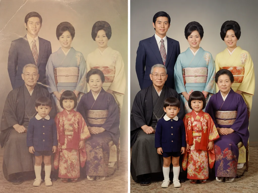 1970年代の家族写真がAI写真修復で鮮やかによみがえるビフォーアフター