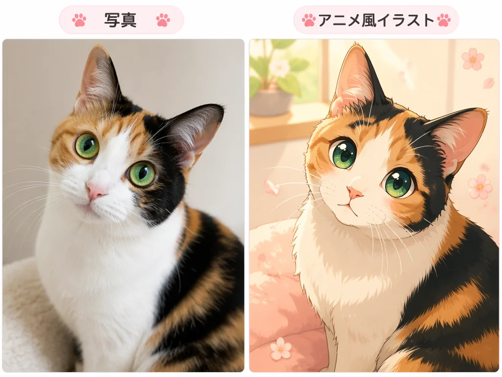 ペット写真の写真アニメ化Before/After例