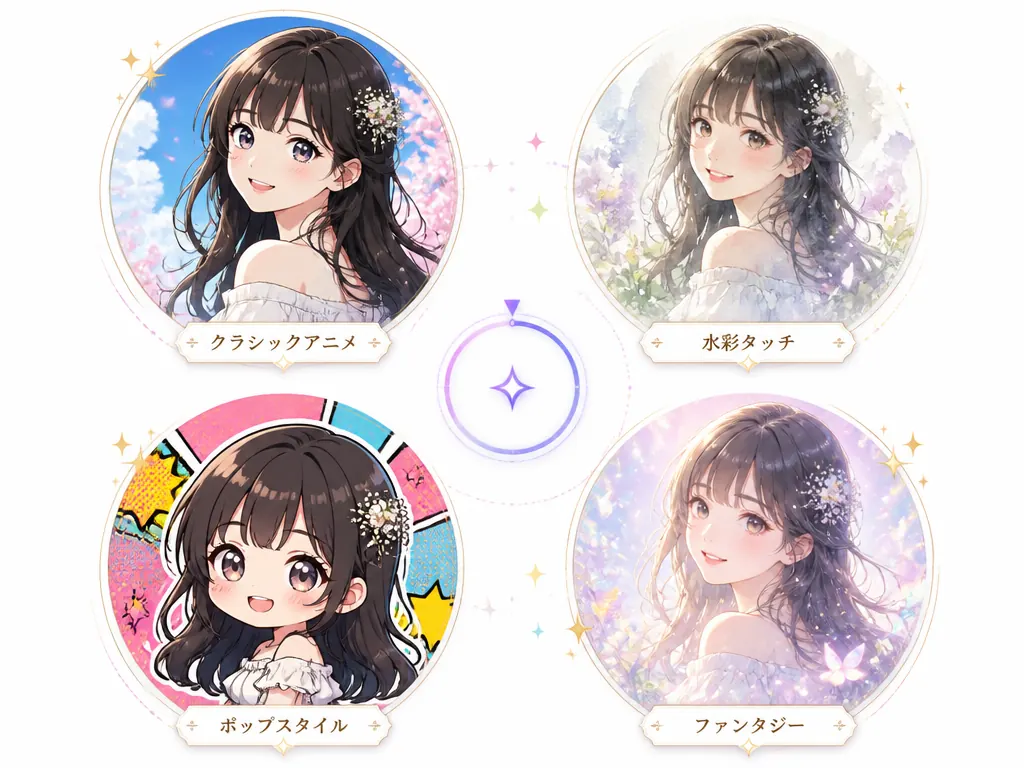 多彩なアニメスタイル - クラシック・水彩・ポップ・幻想的な4種の仕上がり例