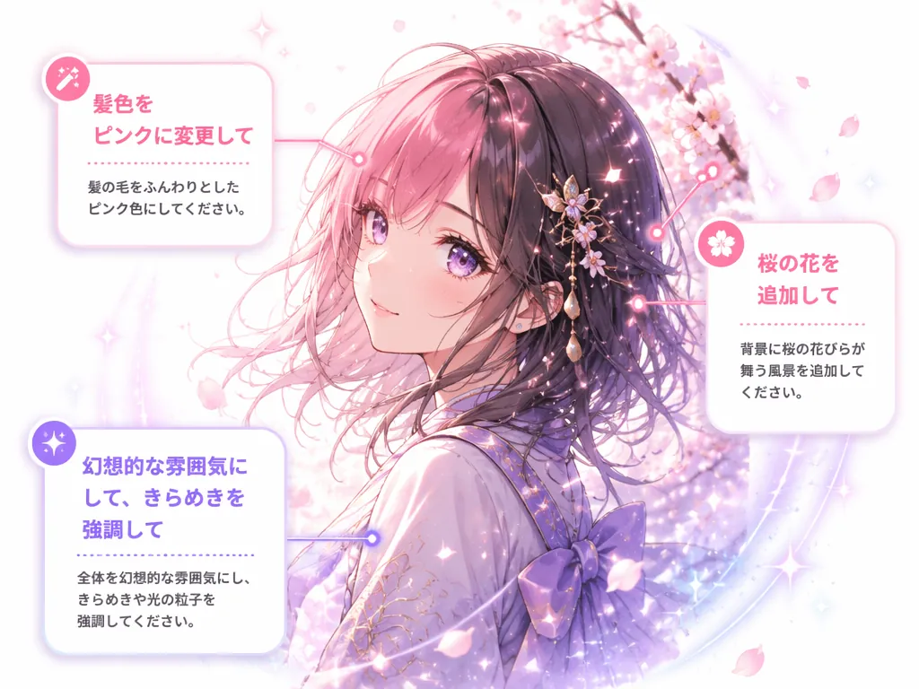 日本語プロンプトで写真アニメ化を細かく調整 - 髪色・背景・雰囲気のカスタマイズ例