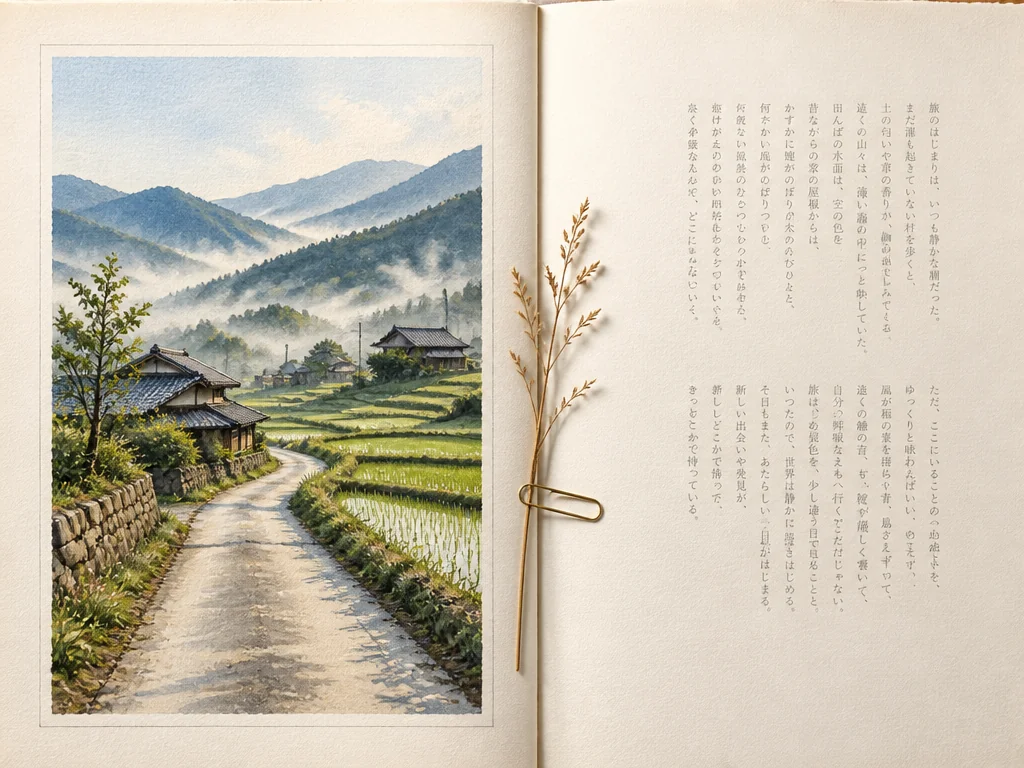 An open travel magazine spread showing a watercolor landscape illustration converted from a photo beside article text