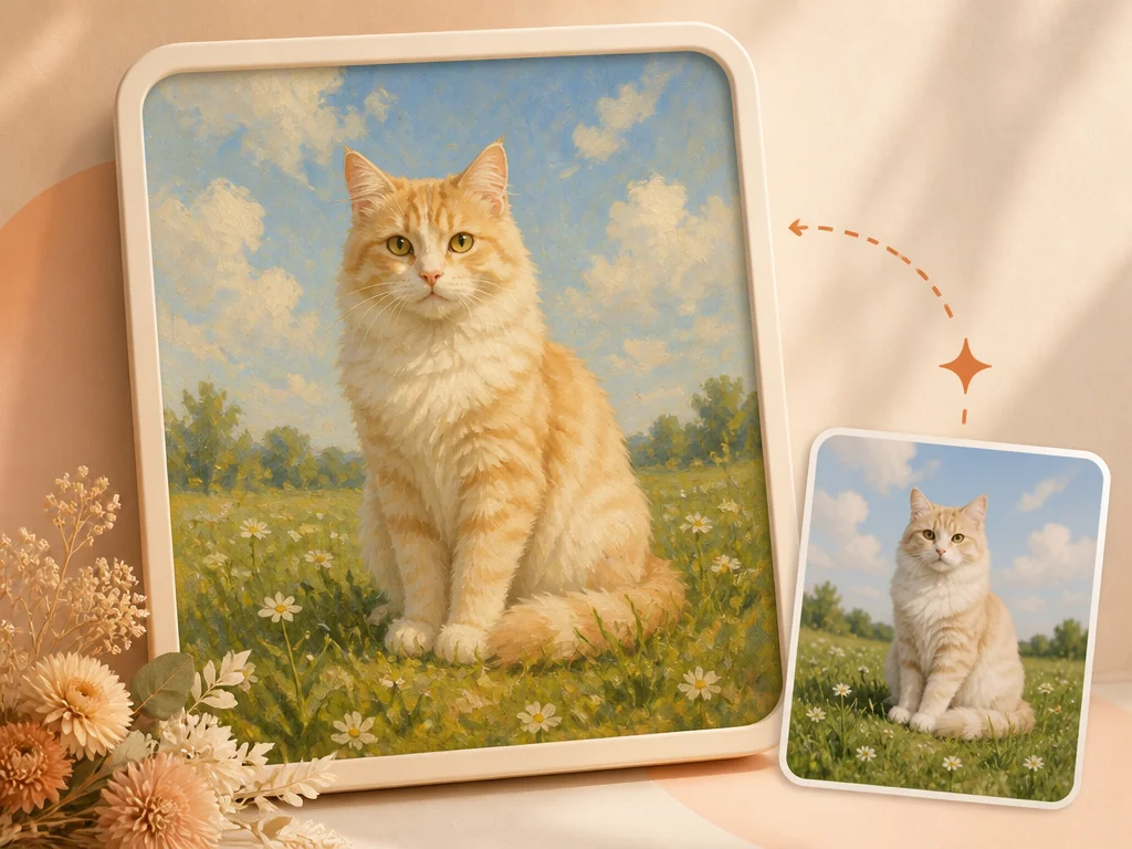 A framed oil-painting-style portrait of a cat displayed next to the original photo it was based on