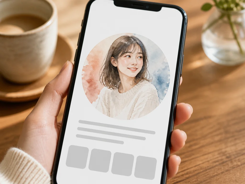 A social media profile page on a phone with an illustrated portrait set as the profile picture