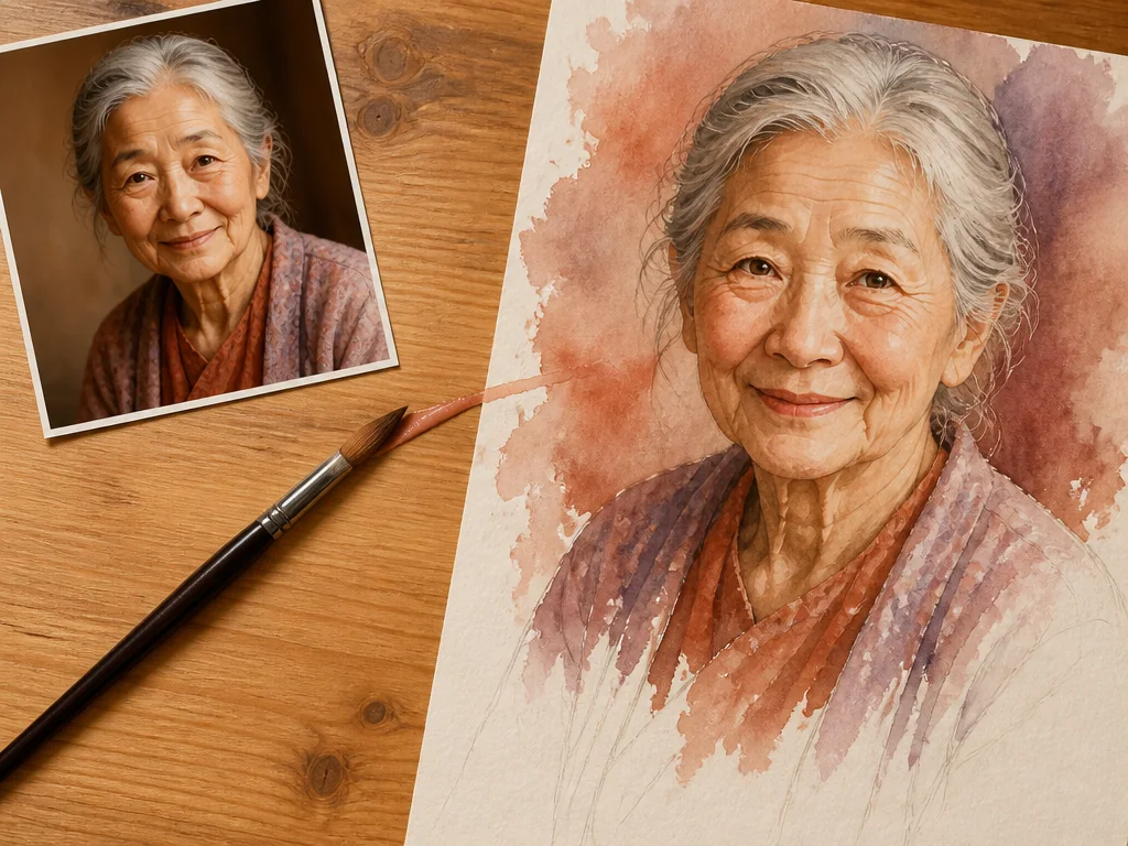 An original photo on a wooden desk next to a half-finished watercolor painting and a brush, showing how composition and expression carry over