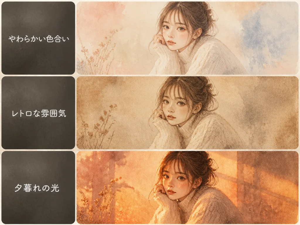 Three watercolor illustrations side by side, each matching a different descriptive instruction such as soft colors, a vintage feel, or warm sunset light