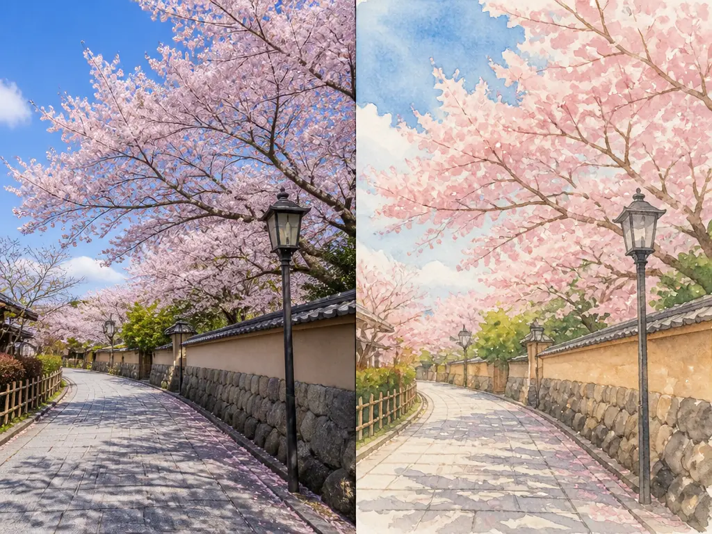 A photo shown side by side with the watercolor illustration created from it