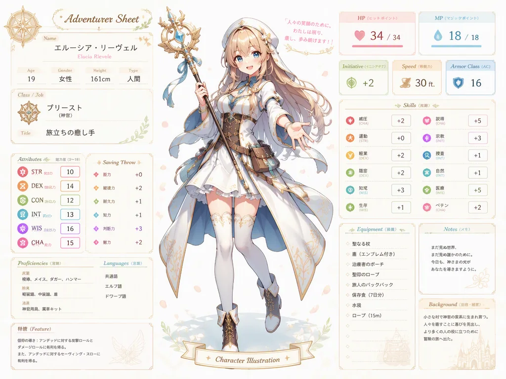 アニメ風の全身キャラクターを掲載した明るいTRPGキャラクターシート