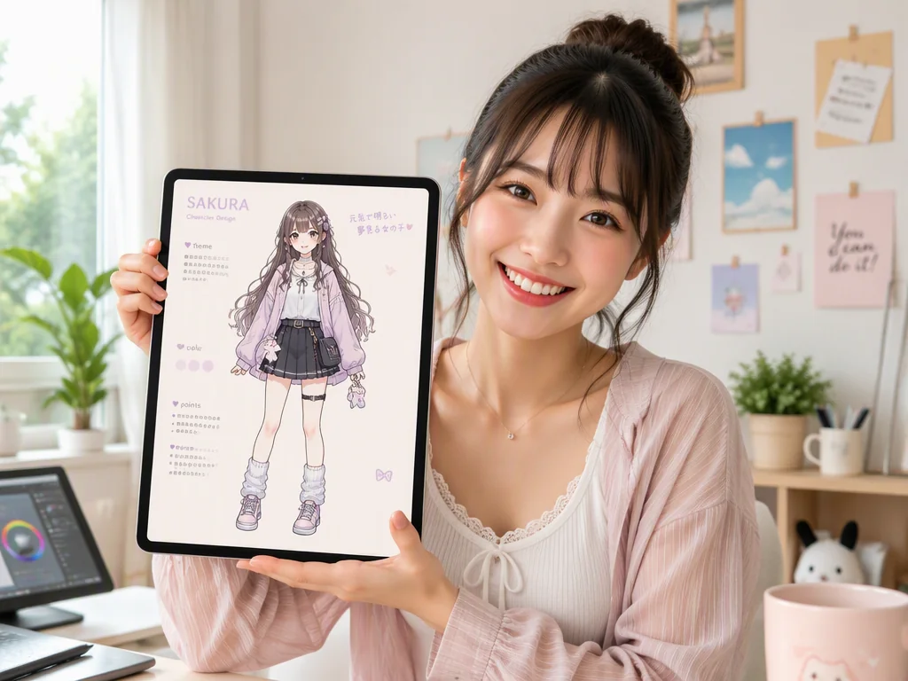 スマートフォンでアニメ風の立ち絵作品を見せるクリエイター