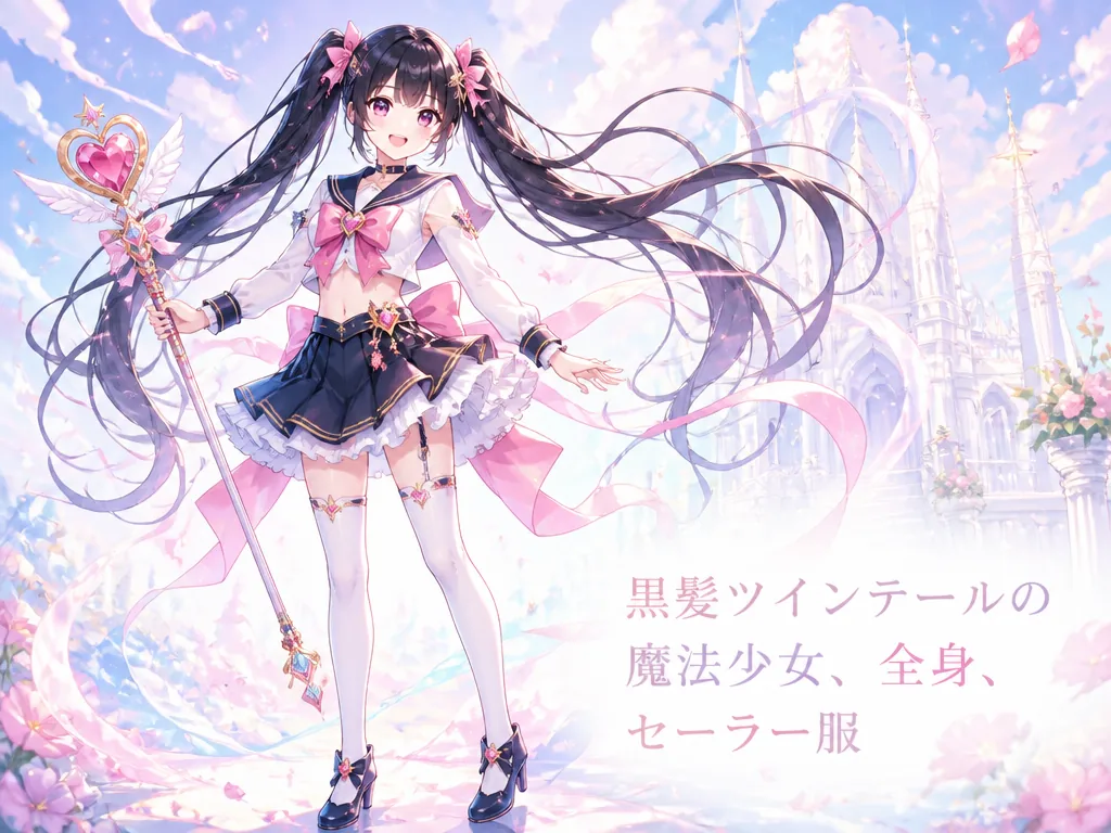 全身の立ち絵として生成された黒髪ツインテールの魔法少女イラスト