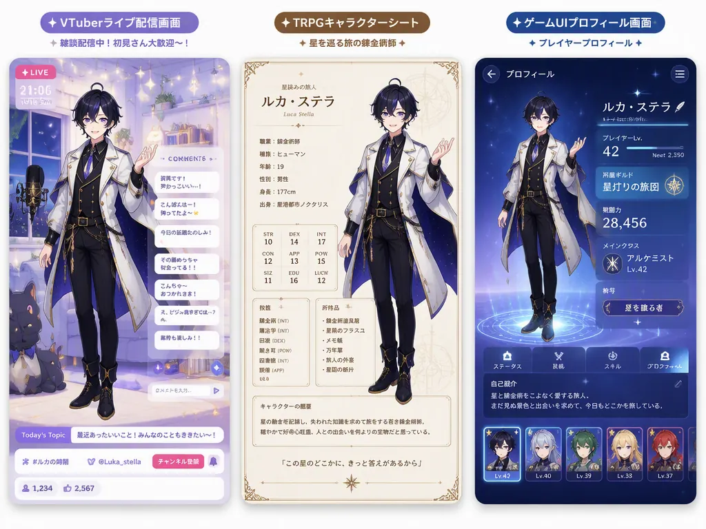 同じ立ち絵キャラクターをVTuber配信・TRPGキャラクターシート・ゲーム画面で活用するイメージ