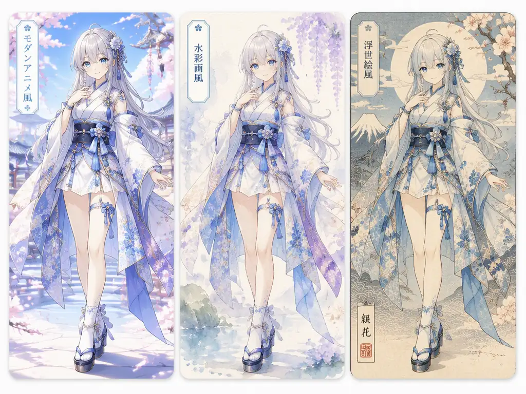 同じ立ち絵キャラクターをアニメ・水彩・浮世絵の3スタイルで表現したイラスト
