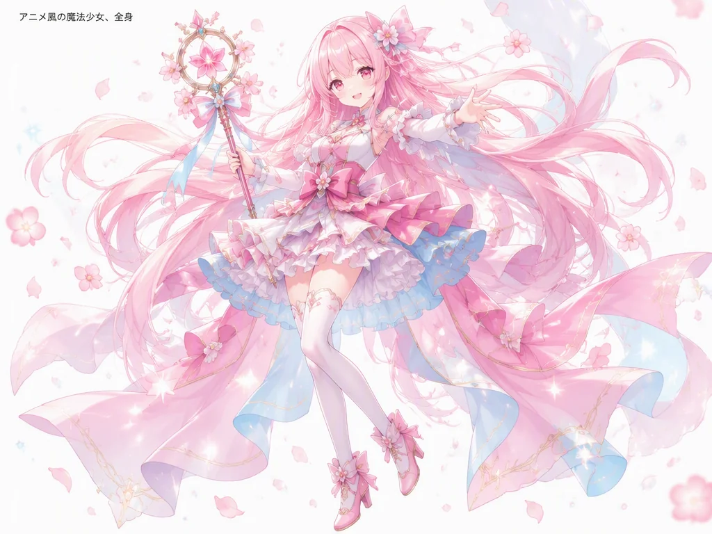 AI立ち絵メーカー「がぞうや」で日本語プロンプトから全身の魔法少女イラストを生成するイメージ