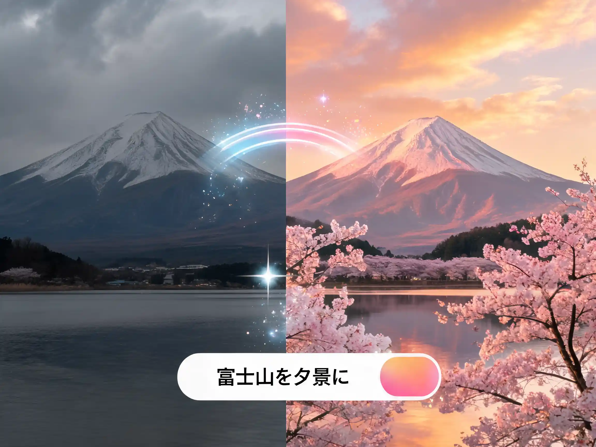 AI image editor interface showing natural language editing transforming a photo